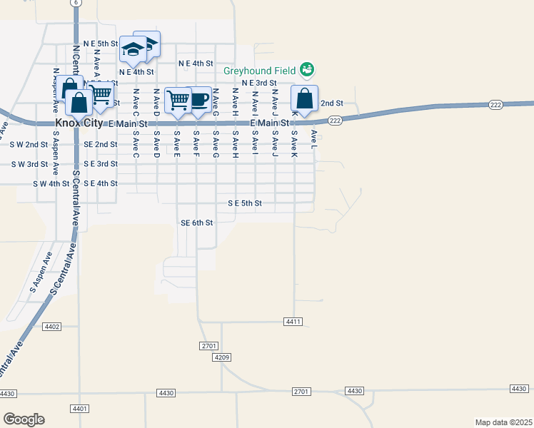map of restaurants, bars, coffee shops, grocery stores, and more near 1105 South East 5th Street in Knox City
