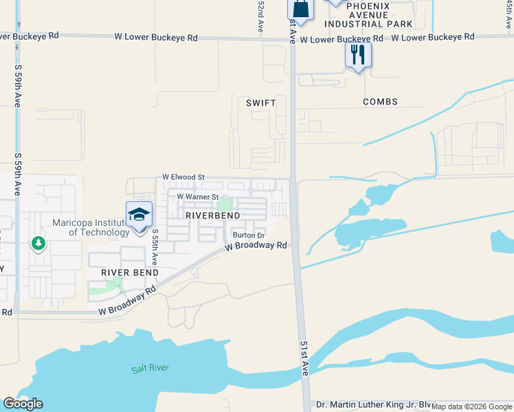 map of restaurants, bars, coffee shops, grocery stores, and more near 5152 Warner Road in Phoenix