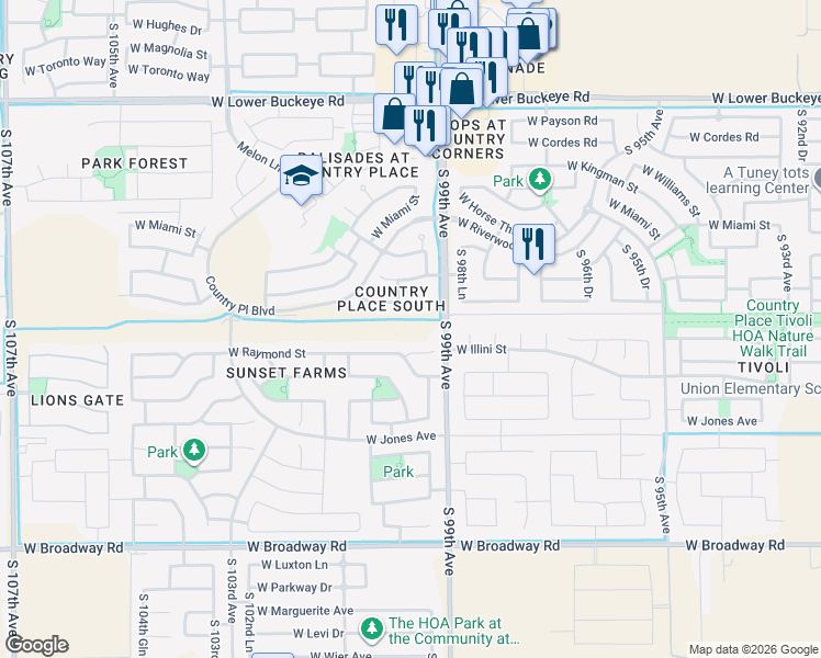 map of restaurants, bars, coffee shops, grocery stores, and more near 9930 West Raymond Street in Tolleson