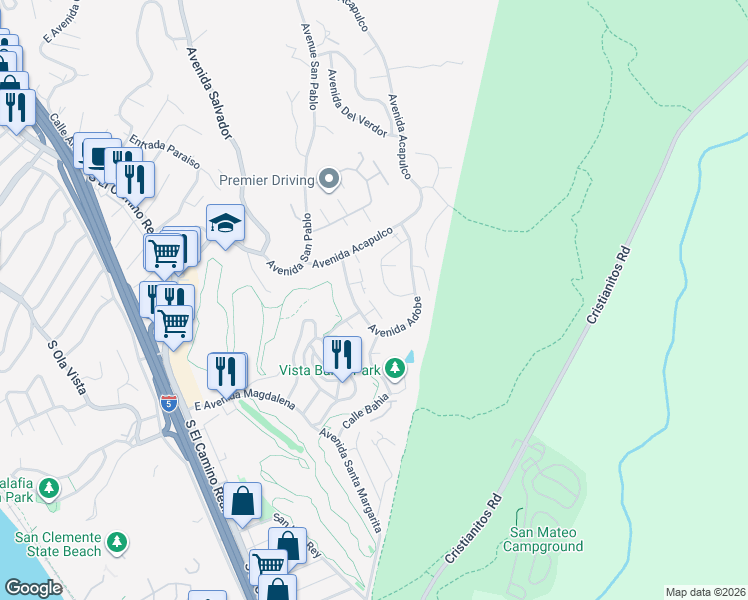 map of restaurants, bars, coffee shops, grocery stores, and more near 217 Avenida Adobe in San Clemente