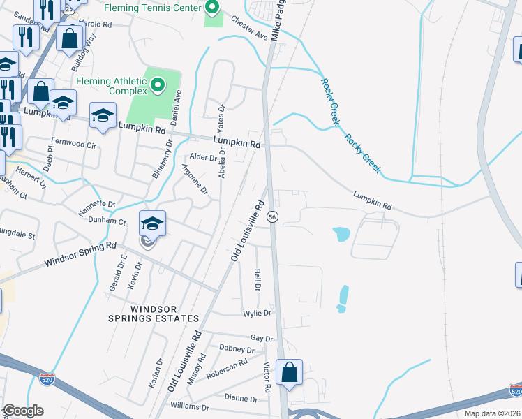 map of restaurants, bars, coffee shops, grocery stores, and more near 2723 Old Louisville Road in Augusta