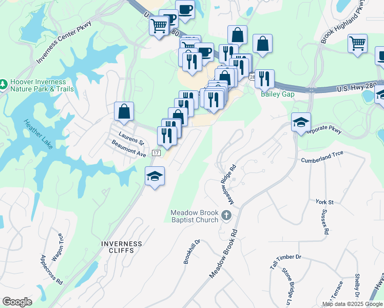 map of restaurants, bars, coffee shops, grocery stores, and more near 4059 Highland Ridge Road in Birmingham