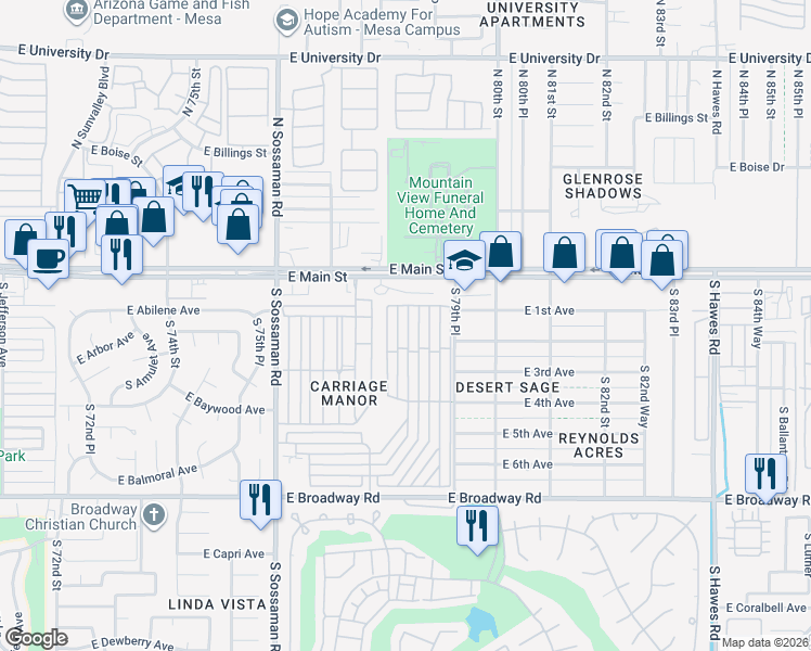 map of restaurants, bars, coffee shops, grocery stores, and more near 7750 East Broadway Road in Mesa