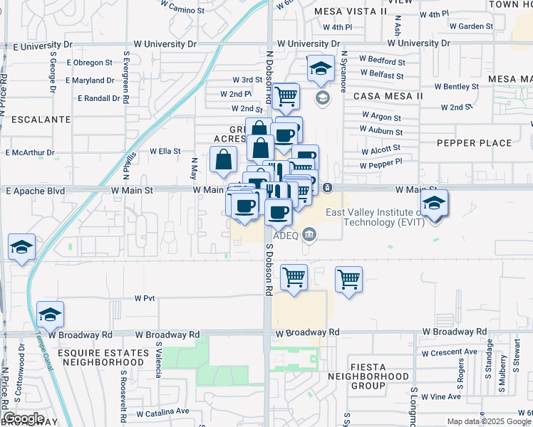 map of restaurants, bars, coffee shops, grocery stores, and more near 40 South Dobson Road in Mesa