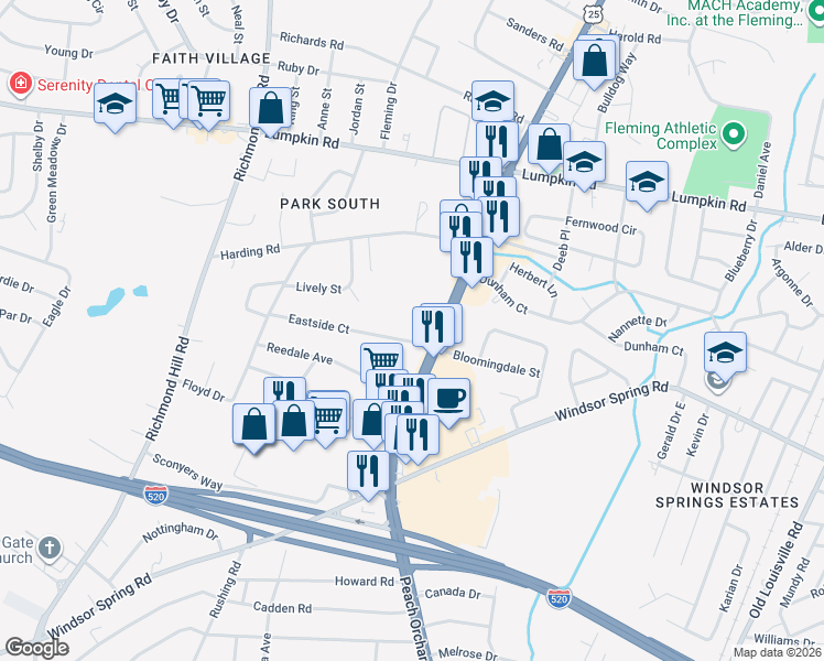 map of restaurants, bars, coffee shops, grocery stores, and more near 2103 Eastside Court in Augusta