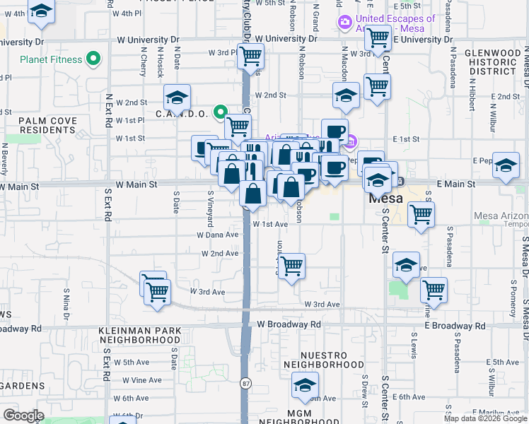 map of restaurants, bars, coffee shops, grocery stores, and more near 243 West Mahoney Avenue in Mesa