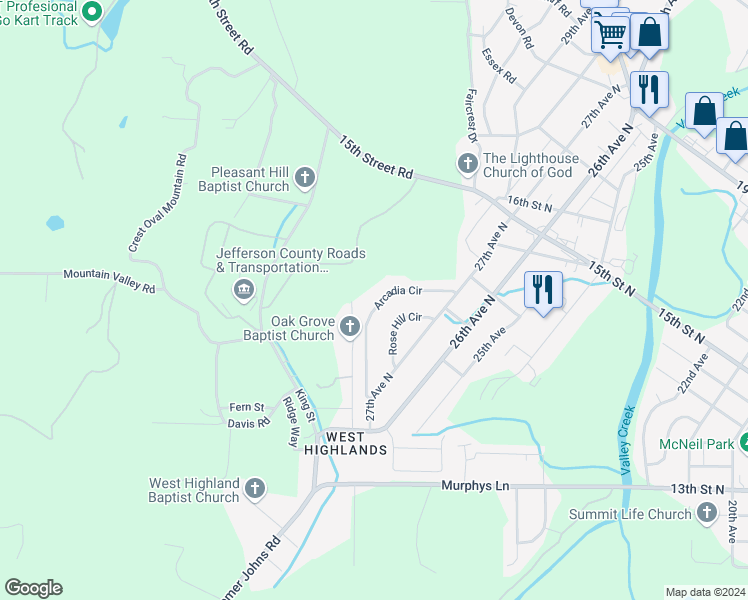 map of restaurants, bars, coffee shops, grocery stores, and more near 1048 Arcadia Circle in Hueytown