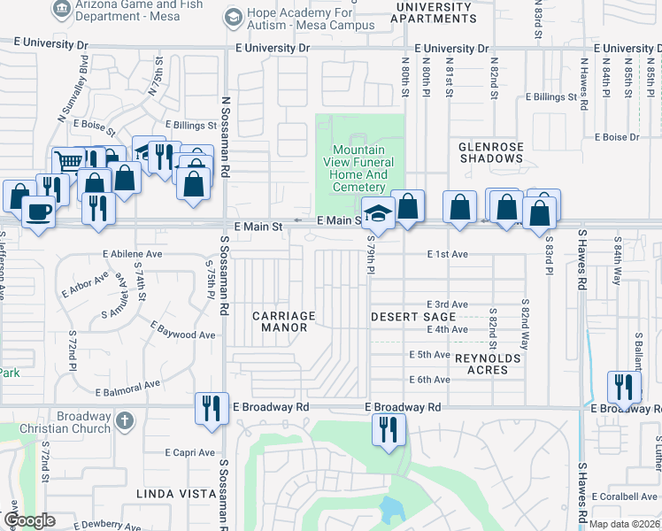 map of restaurants, bars, coffee shops, grocery stores, and more near 7750 East Broadway Road in Mesa