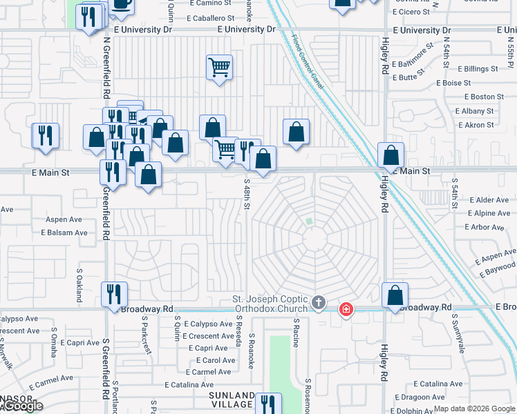 map of restaurants, bars, coffee shops, grocery stores, and more near 51 South 48th Street in Mesa