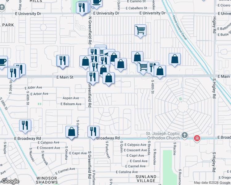 map of restaurants, bars, coffee shops, grocery stores, and more near 4517 East Main Street in Mesa