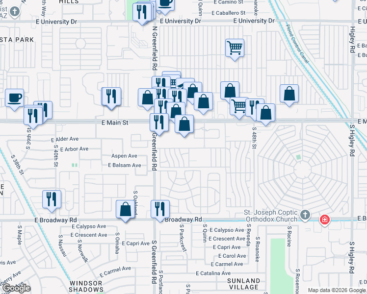 map of restaurants, bars, coffee shops, grocery stores, and more near 4517 East Main Street in Mesa