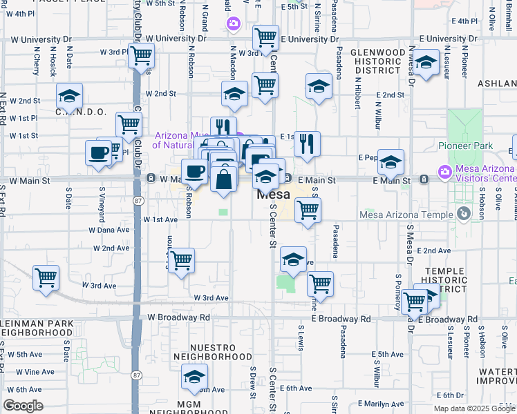map of restaurants, bars, coffee shops, grocery stores, and more near 42 South Center Street in Mesa