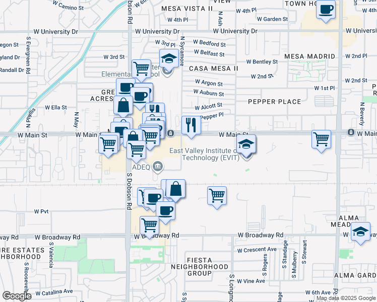 map of restaurants, bars, coffee shops, grocery stores, and more near 3 South Sycamore in Mesa