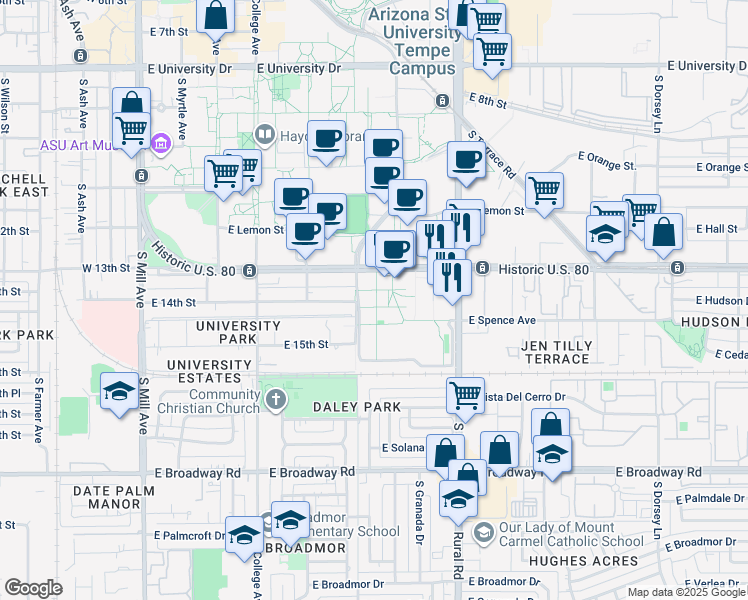 map of restaurants, bars, coffee shops, grocery stores, and more near in Tempe