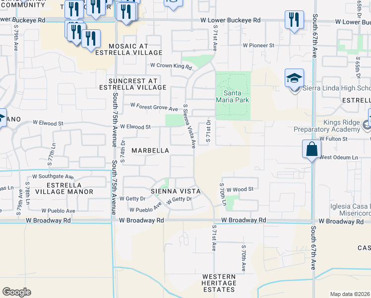 map of restaurants, bars, coffee shops, grocery stores, and more near 7136 West Warner Street in Phoenix