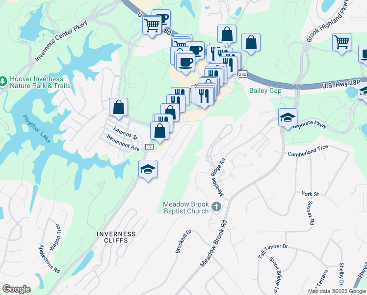 map of restaurants, bars, coffee shops, grocery stores, and more near 4059 Highland Ridge Road in Birmingham