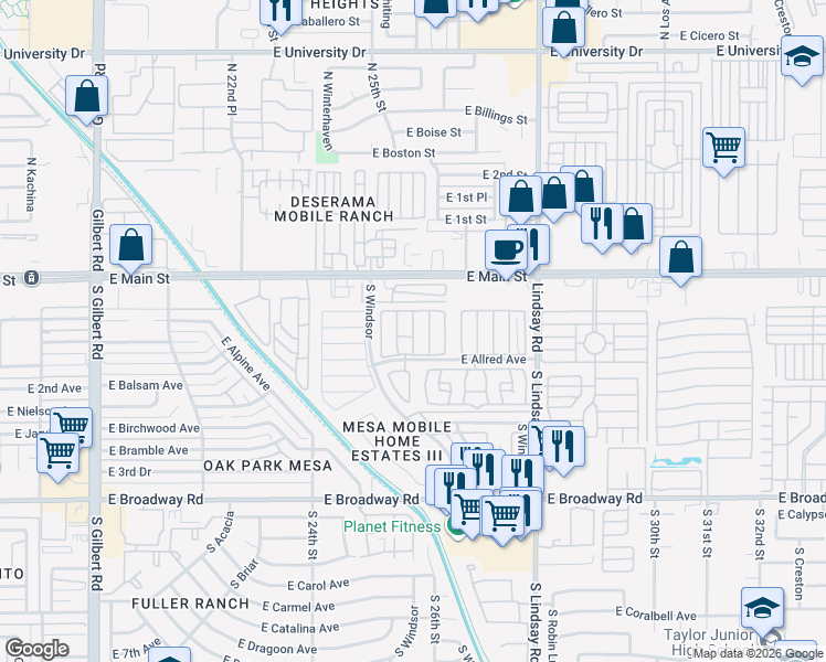 map of restaurants, bars, coffee shops, grocery stores, and more near 2600 East Allred Avenue in Mesa