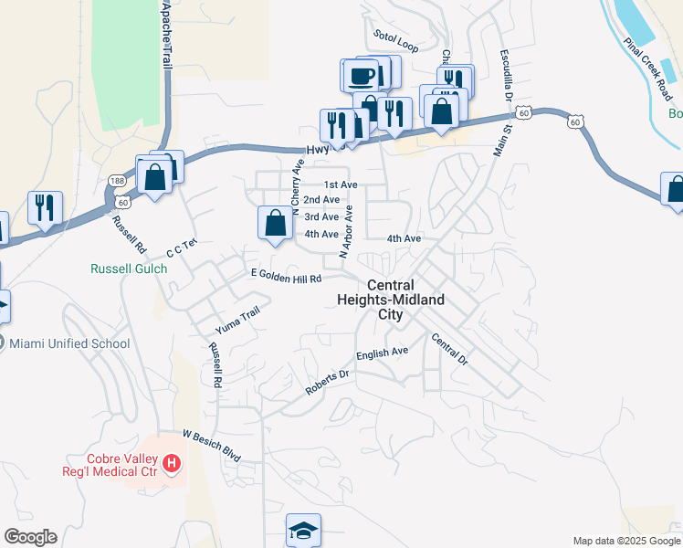 map of restaurants, bars, coffee shops, grocery stores, and more near 1400 North Arbor Avenue in Globe