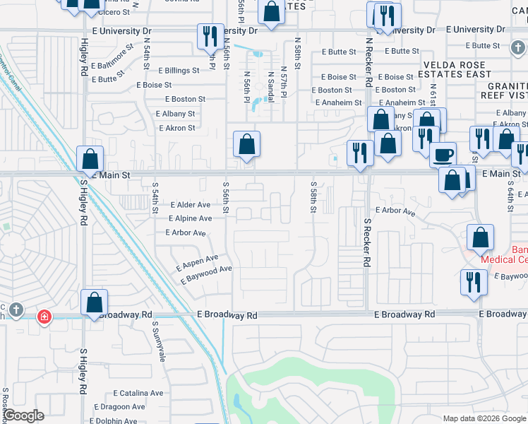 map of restaurants, bars, coffee shops, grocery stores, and more near 5733 East Alder Avenue in Mesa