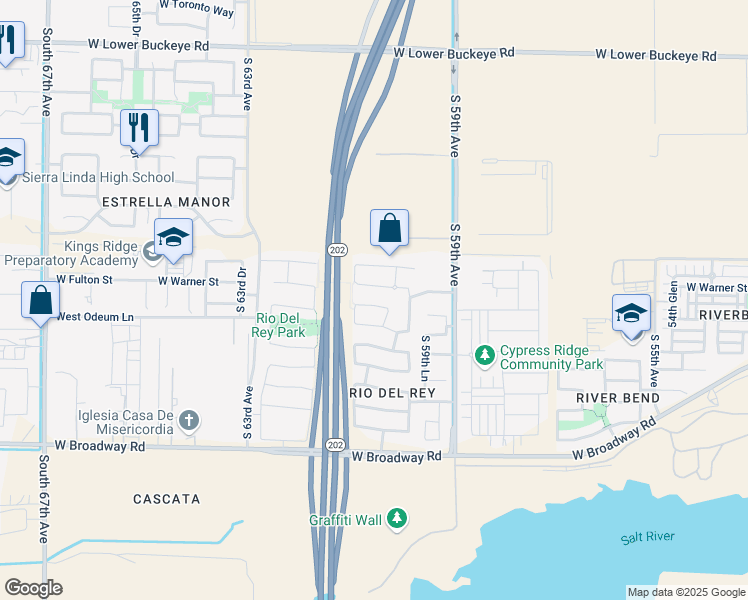 map of restaurants, bars, coffee shops, grocery stores, and more near 6027 West Warner Street in Phoenix