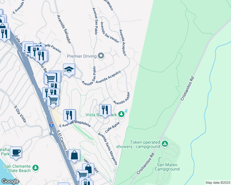 map of restaurants, bars, coffee shops, grocery stores, and more near 217 Avenida Adobe in San Clemente