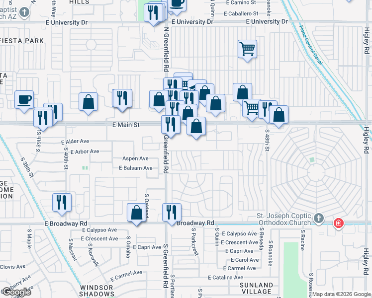 map of restaurants, bars, coffee shops, grocery stores, and more near 111 South Greenfield Road in Mesa