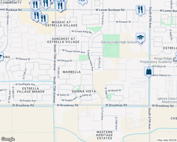map of restaurants, bars, coffee shops, grocery stores, and more near 7136 West Warner Street in Phoenix