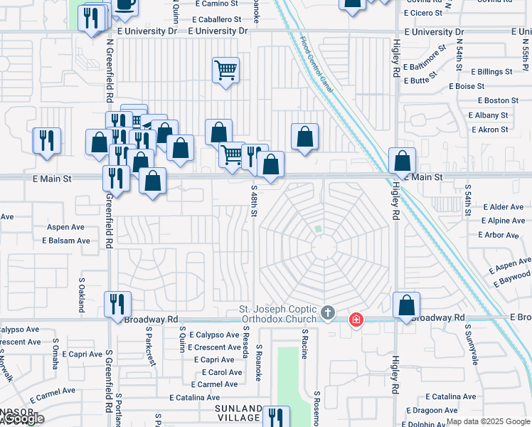 map of restaurants, bars, coffee shops, grocery stores, and more near 51 South 48th Street in Mesa