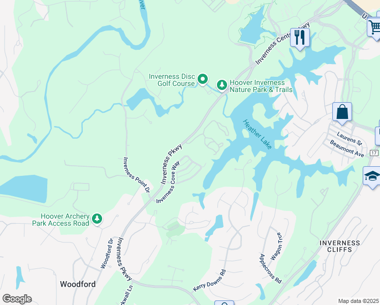 map of restaurants, bars, coffee shops, grocery stores, and more near 1214 Inverness Cove Way in Birmingham