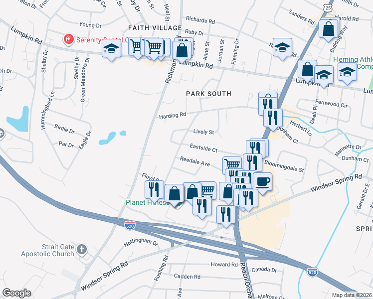 map of restaurants, bars, coffee shops, grocery stores, and more near 2152 Eastside Court in Augusta