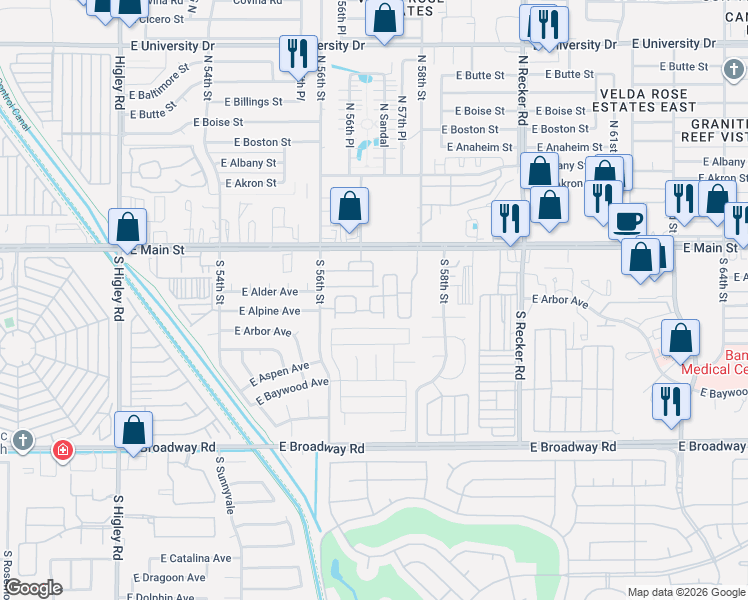 map of restaurants, bars, coffee shops, grocery stores, and more near 5733 East Alder Avenue in Mesa