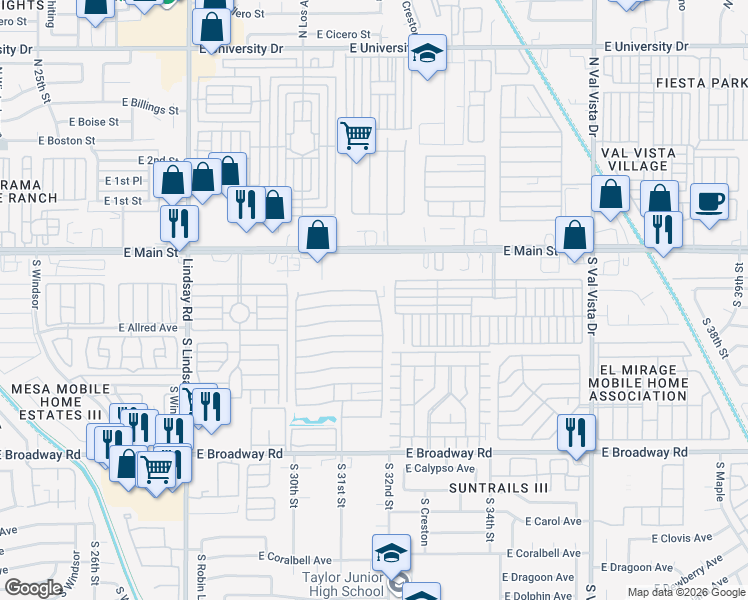 map of restaurants, bars, coffee shops, grocery stores, and more near East Ivy Street in Mesa