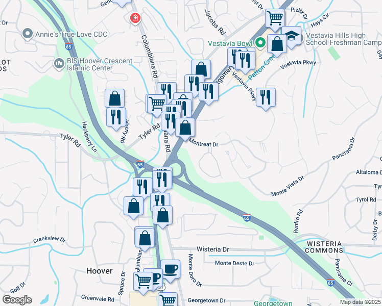 map of restaurants, bars, coffee shops, grocery stores, and more near 2043 Montreat Drive in Vestavia Hills