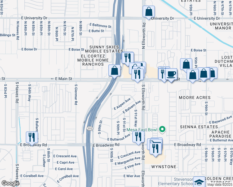 map of restaurants, bars, coffee shops, grocery stores, and more near 9026 East Alder Avenue in Mesa