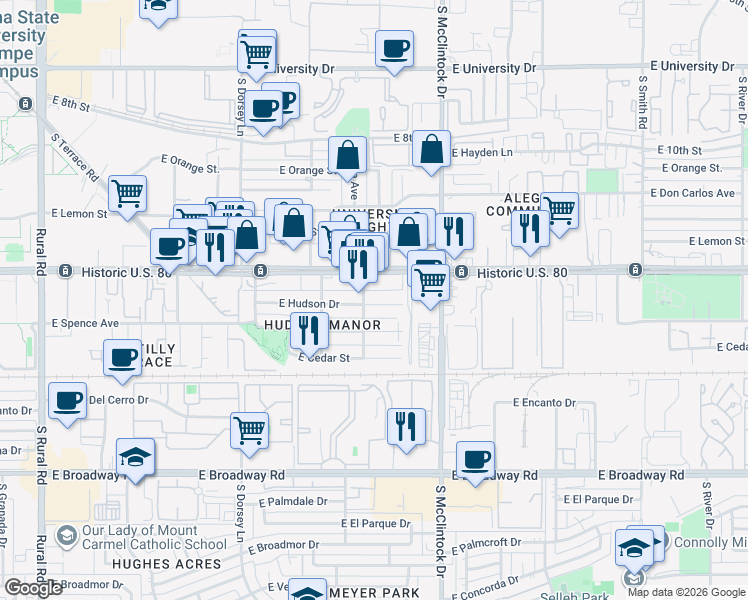 map of restaurants, bars, coffee shops, grocery stores, and more near 1607 South Elm Street in Tempe