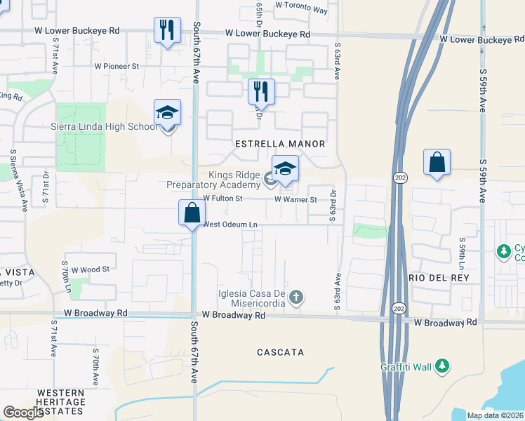 map of restaurants, bars, coffee shops, grocery stores, and more near 3740 South 65th Avenue in Phoenix