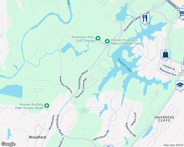 map of restaurants, bars, coffee shops, grocery stores, and more near 1214 Inverness Cove Way in Birmingham