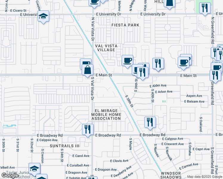 map of restaurants, bars, coffee shops, grocery stores, and more near 3702 East Arbor Circle in Mesa