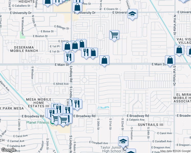 map of restaurants, bars, coffee shops, grocery stores, and more near 3015 East Main Street in Mesa