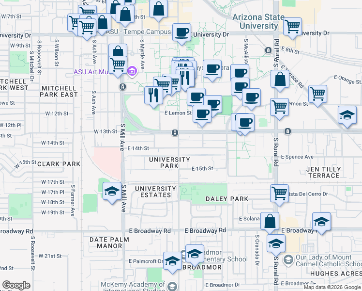 map of restaurants, bars, coffee shops, grocery stores, and more near 1315 South College Avenue in Tempe