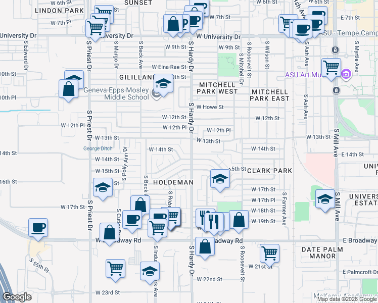 map of restaurants, bars, coffee shops, grocery stores, and more near 1312 South Hardy Drive in Tempe