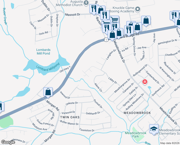map of restaurants, bars, coffee shops, grocery stores, and more near 3038 Libby Drive in Augusta