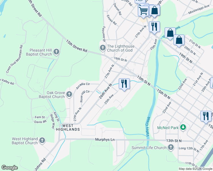 map of restaurants, bars, coffee shops, grocery stores, and more near 1230 26th Avenue North in Hueytown
