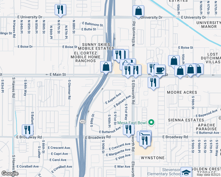 map of restaurants, bars, coffee shops, grocery stores, and more near 9026 East Alder Avenue in Mesa