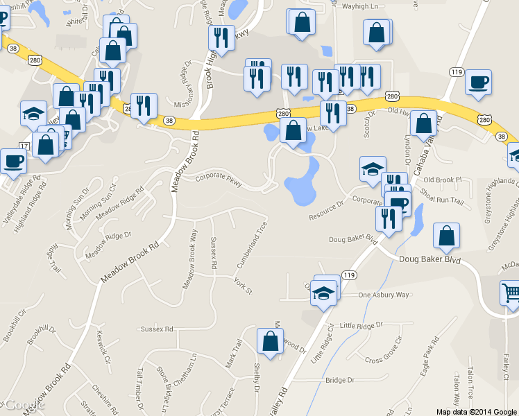 map of restaurants, bars, coffee shops, grocery stores, and more near 3645 Cumberland Trace in Birmingham