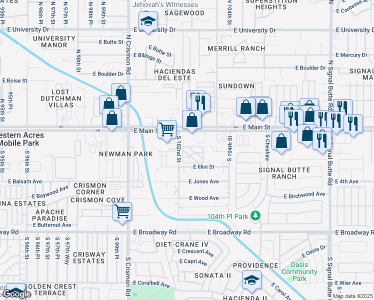 map of restaurants, bars, coffee shops, grocery stores, and more near 25 South 102nd Street in Mesa