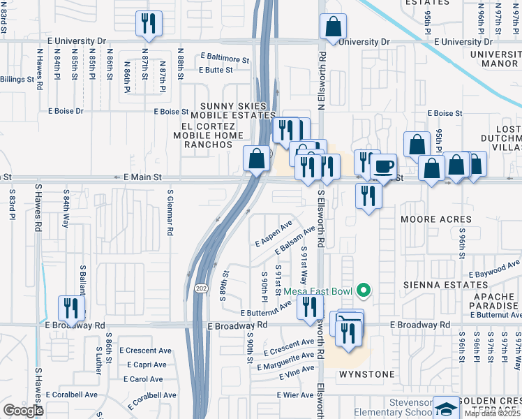 map of restaurants, bars, coffee shops, grocery stores, and more near 9026 East Alder Avenue in Mesa