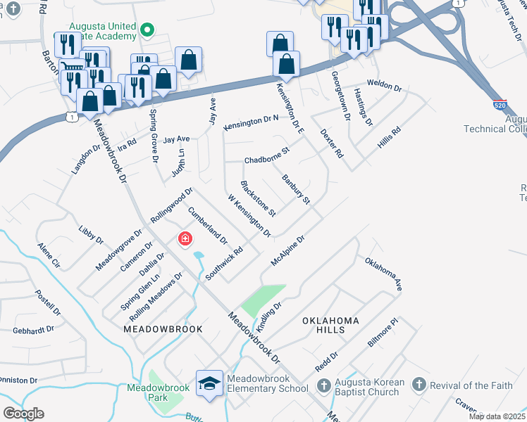 map of restaurants, bars, coffee shops, grocery stores, and more near 2524 Blackstone Street in Augusta