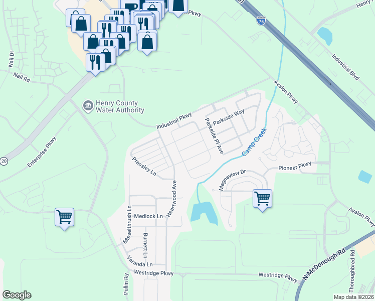 map of restaurants, bars, coffee shops, grocery stores, and more near 1221 Heartwood Avenue in McDonough