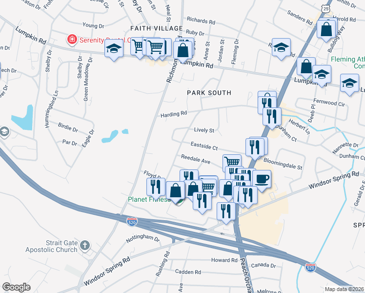 map of restaurants, bars, coffee shops, grocery stores, and more near 2152 Eastside Court in Augusta
